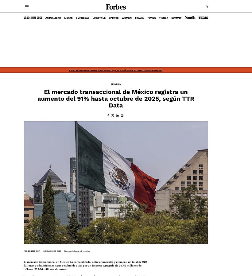 El mercado transaccional de Mxico registra un aumento del 91% hasta octubre de 2025, segn TTR Data